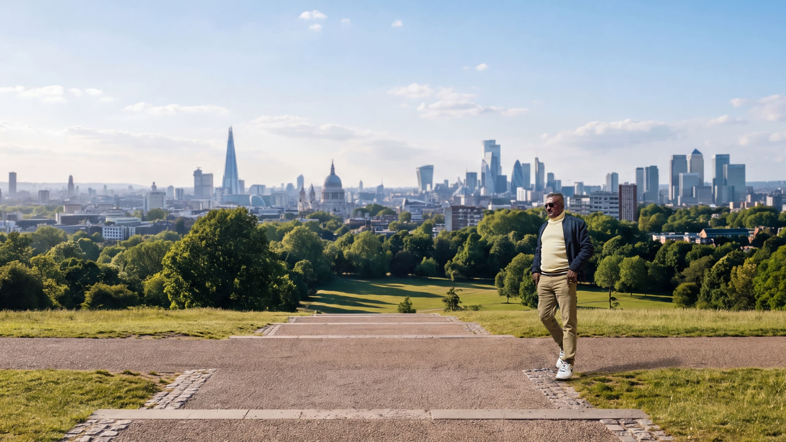 Sanjeewa Peiris walking on a hilltop path with the London skyline behind him.